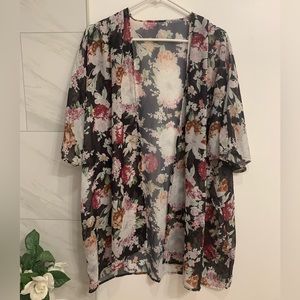 Womens Kimono | Black - Floral Chiffon Kimono| Boho Summer Beach Cover | M